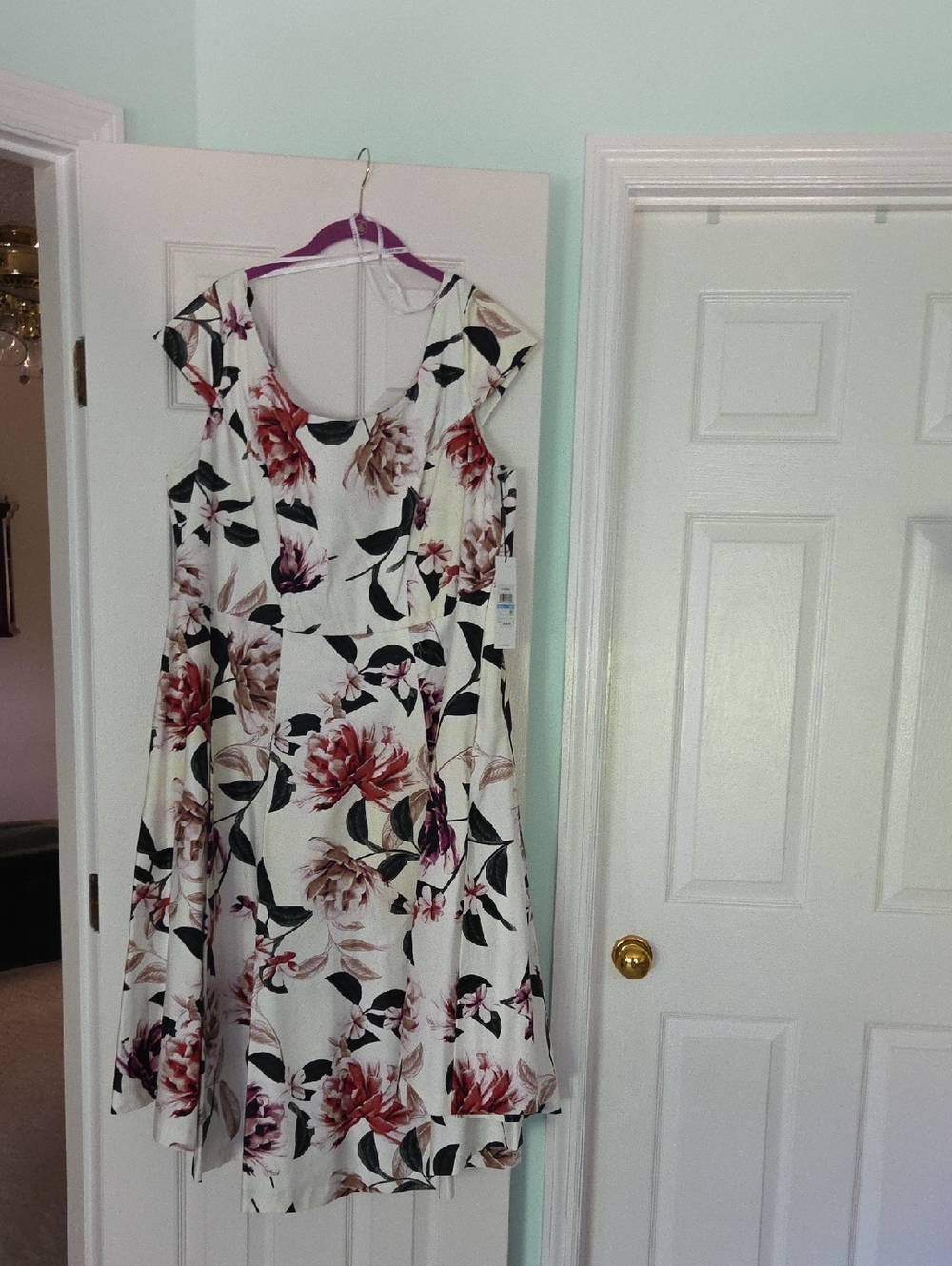 Calvin Klein White Midi Dress with Pink Rose and Green Leaf Print